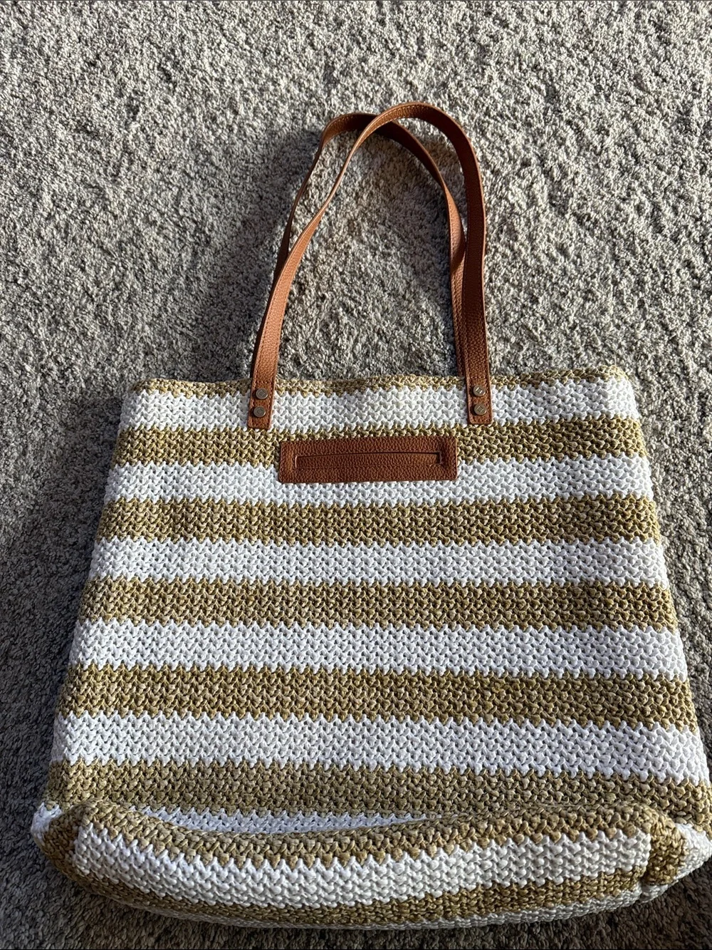 Striped Woven Tote Bag in White and Tan